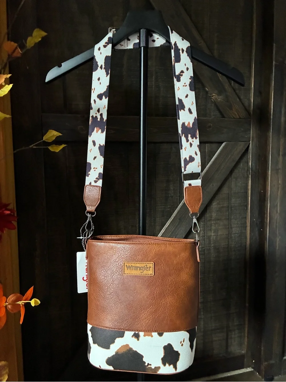 Wrangler Brown Leather & Cowhide Print Crossbody with Printed Strap 10 L 12 W